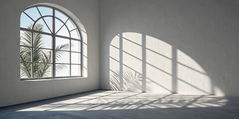 Fototapeta premium Sunlit Room with Arch Window and Palm Shadow, 3D Render, Interior Design, Minimalist Keywords Arch Window, Sunlight