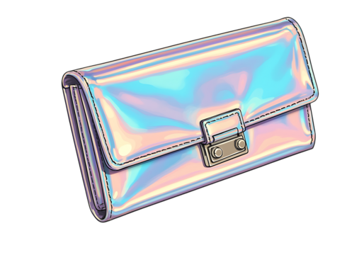Iridescent clutch purse with metallic clasp and shiny surface on transparent background