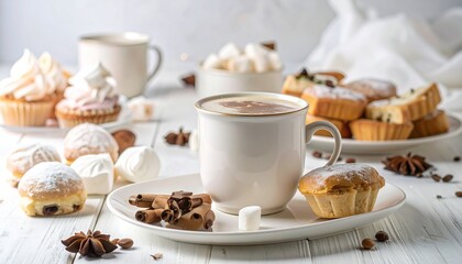 Cozy dessert spread with hot beverage, powdered muffins, meringues, and chocolate shavings on a white wooden table.