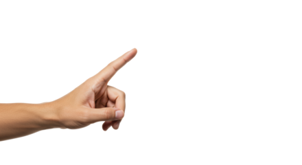 Clean light-skinned human hand, index finger extended, poised for precise digital interaction on a transparent studio background, ample copy space, concept of digital interaction and control
