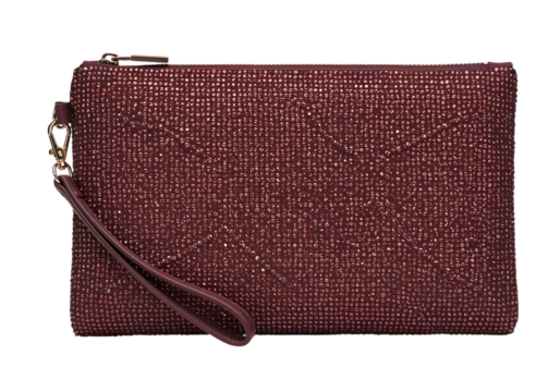 Maroon clutch purse with gold zipper and wrist strap isolated on black on transparent background