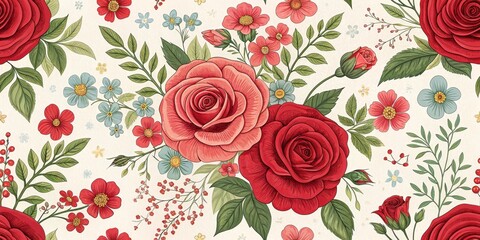 Vintage Rose Floral Seamless Pattern Red and Pink Roses, Botanical Illustration, Romantic Design, Floral Wallpaper Floral Pattern, Seamless Pattern
