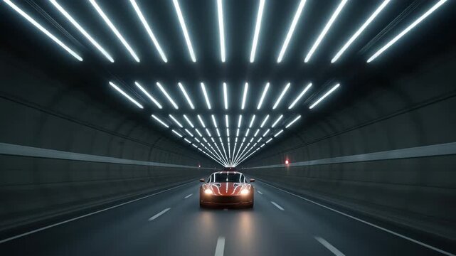 Car driving through tunnel lights with illuminated ceiling and road  