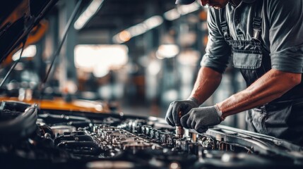 Car mechanic repairing engine in auto repair shop