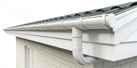 White PVC Gutter System on Brick House 3D Render,Roofing,Drainage, Gutter Installation Gutters, Drainage System