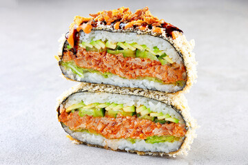 Crispy Onigirazu Sushi Sandwich with Spicy Tuna, Cucumber, and Avocado Filling