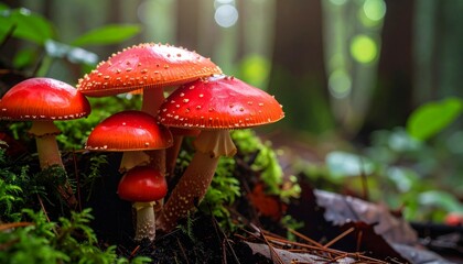 Cluster of vivid red fly agaric mushrooms with white speckles growing on a mossy forest floor, surrounded by leaves and dappled sunlight.