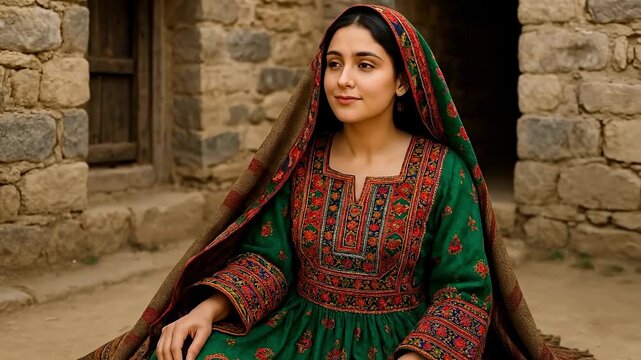 Graceful Young Woman in Vibrant Green Afghan Kuchi Dress with Intricate Embroidery, Reflecting Cultural Heritage in a Rustic Village Setting