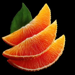 Freshly sliced orange segments with vibrant colors and green leaf on a dark background