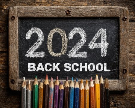Chalkboard with 2024 inscription and chalk marks for back to school - Powered by Adobe