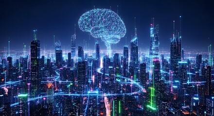 Digital brain glowing above a futuristic cityscape at night, symbolizing ai and smart city technology
