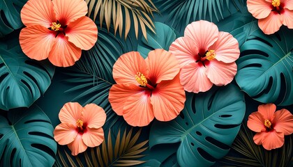 Obraz premium Tropical Hibiscus Flowers Leaves. (1)