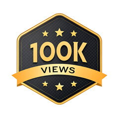 Naklejka premium Golden hexagonal badge celebrating 100k views with stars and ribbon against a black background
