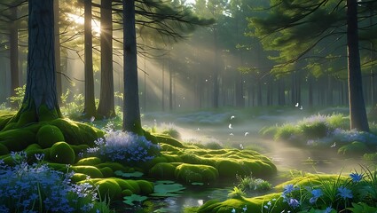 Sunlit forest stream with mossy banks and gentle mist