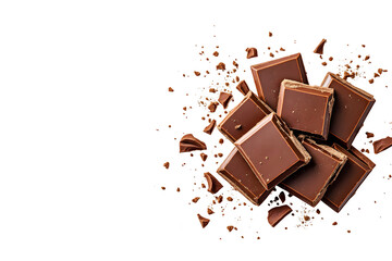 Delicious milk chocolate pieces scattered with cocoa nibs and dark chocolate crumbs against a transparent background