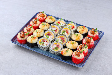 Creative Baked and Tempura Sushi Platter with Mussels, Crab, and Assorted Fillings