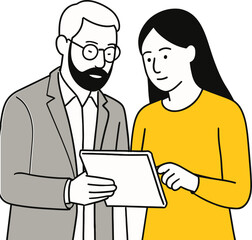 Businessman and businesswoman discussing project together using digital tablet, teamwork collaboration, professional communication, office partnership, modern workplace illustration design concept.