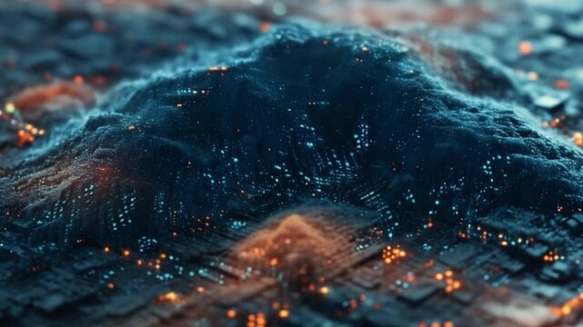 Abstract digital landscape with glowing blue and orange data points on a textured dark surface, representing complex technology.