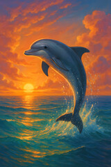 Dolphin jumping out of the ocean at sunset with colorful clouds  
