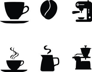 Black silhouette icons of coffee cup bean maker grinder and pot on a white isolated background