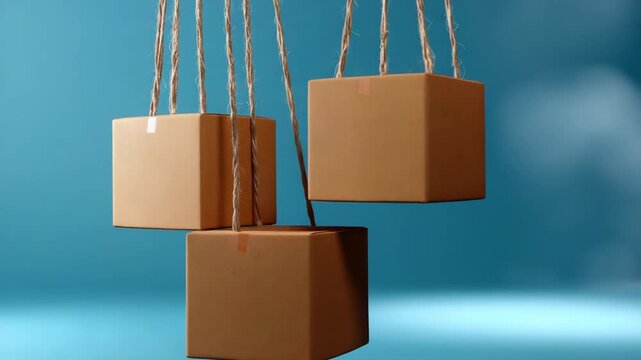 Brown cardboard boxes suspended on twine against blue background