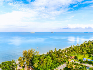 Obraz premium Aerial view beach sand sea holiday travel Thailand. Summer beach for concept environment natural background feeling happy relaxation or freedom. Landscape sea beach aerial. Ocean 