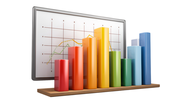 Colorful 3d bar chart with financial graph isolated on transparent background