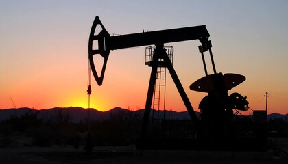 Silhouette of an oil pump jack against a vibrant sunrise over a desert landscape.