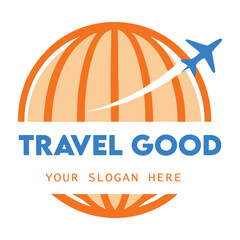 Modern and vibrant travel logo featuring a stylized orange globe with an airplane soaring across it symbolizing global exploration and adventure