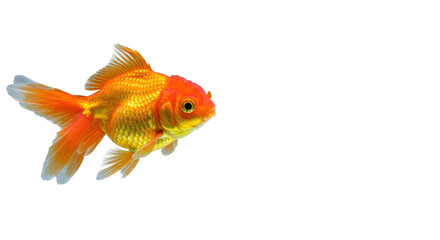 A vibrant orange and gold goldfish with sharply defined scales, perfectly suspended on a pristine transparent studio backdrop with expansive negative space, macro photography, symbol of precision and