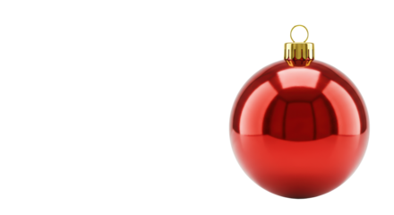 A vibrant red spherical christmas bauble with a golden cap and loop, isolated on a transparent studio background with ample negative space for text, elegant holiday celebration