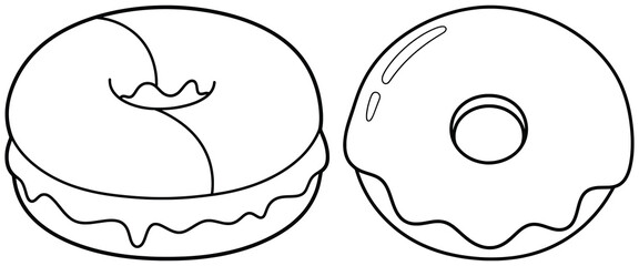 Donut vector illustration featuring glazed donut and bagel with filling designed in clean black and white outline style for bakery food graphics and prints