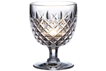 Clear crystal wine glass with diamond cut pattern isolated on a transparent background