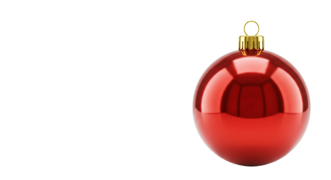 A vibrant red spherical christmas bauble with a golden cap and loop, isolated on a transparent studio background with ample negative space for text, elegant holiday celebration - Powered by Adobe