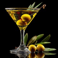 Classic martini served in an elegant glass with olives and olive leaves against a black background