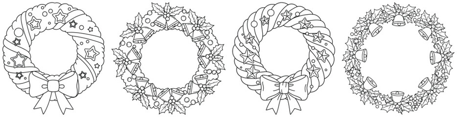 Christmas wreath vector illustration set featuring festive holiday decorations with bows stars bells holly leaves and berries designed in clean outline style