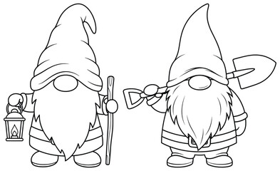 Gnome illustration with two adorable gnomes one carrying a lantern and staff and the other holding a shovel in cartoon line art style for folklore and fantasy artworks