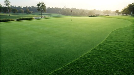 Obraz premium Lush green golf course fairway at sunrise with morning mist