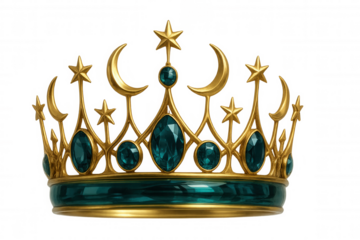 Regal golden crown featuring crescent moons, stars, emerald gems, symbolizing royal elegance against transparent backdrop, ideal for fantasy design