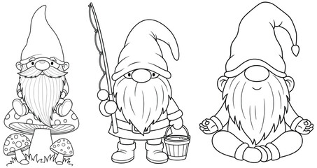 Gnome illustration with three cute gnomes in different poses cartoon line art style perfect for fantasy folklore character decoration and kids story themed artworks