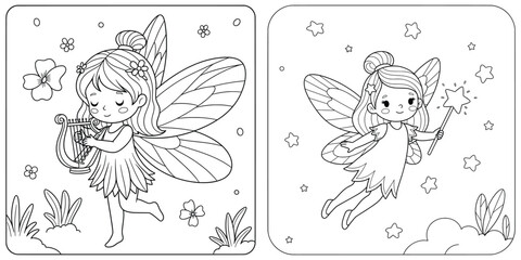 Naklejka premium Fairy illustration with two magical fairies playing harp and flying with wand in playful cartoon line art style perfect for fantasy creature and kids story artworks
