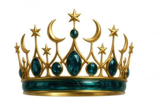 Regal golden crown featuring crescent moons, stars, emerald gems, symbolizing royal elegance against transparent backdrop, ideal for fantasy design
