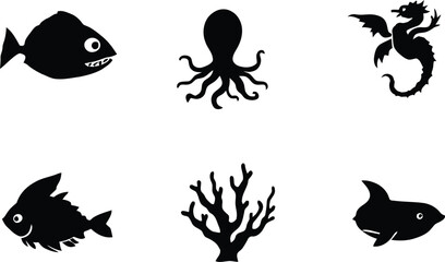 A collection of six black silhouettes of sea creatures and a coral on a white background displayed evenly