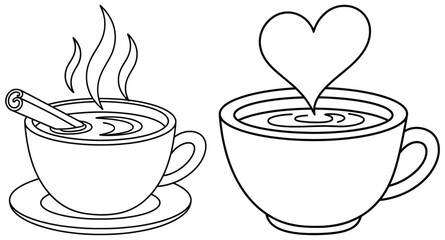 Coffee illustration with hot cups cinnamon stick steam and heart design in playful cartoon line art style perfect for cafe beverage menu and cozy drink themed artworks