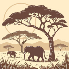 Fototapeta premium A beautiful sunset over the savanna shows the silhouette of a wild elephant with a tree in the distance