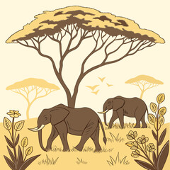 Fototapeta premium Elephant silhouettes wander across the orange sky at sunset with trees and tall grass in the background