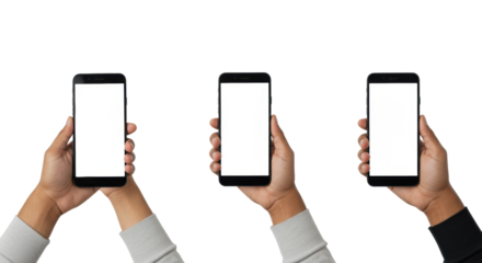 Three diverse hands, clean and well-groomed, holding modern black smartphones with blank white screens on a transparent studio background with copy space. Concept of new digital ideas