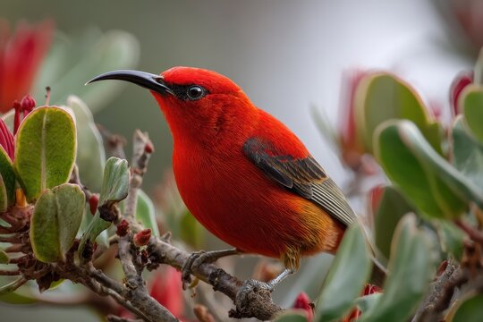 Scarlet Iiwi: Endangered Hawaiian Honeycreeper in Its Natural Habitat Among Vibrant Tree Foliage