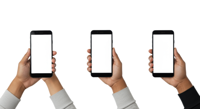Three diverse hands, clean and well-groomed, holding modern black smartphones with blank white screens on a transparent studio background with copy space. Concept of new digital ideas