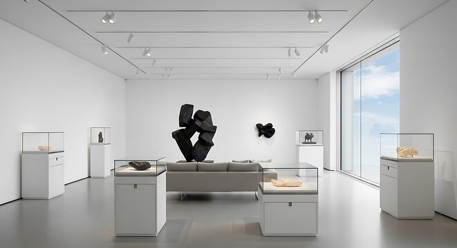 A modern art gallery with sculpture and furniture